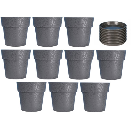 Lot de 10 pots de fleurs 15cm Fabriqués en France + Soucoupes assorties - Gris