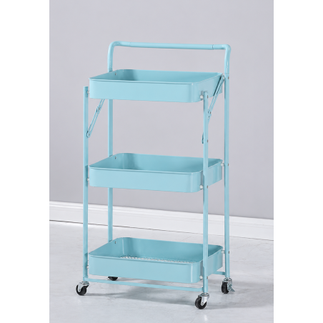 Desserte à roulettes pliante bleue| Chariot de cuisine roulant et pliable 3 niveaux de rangement | H 90 cm x L 40 cm x P 30 cm