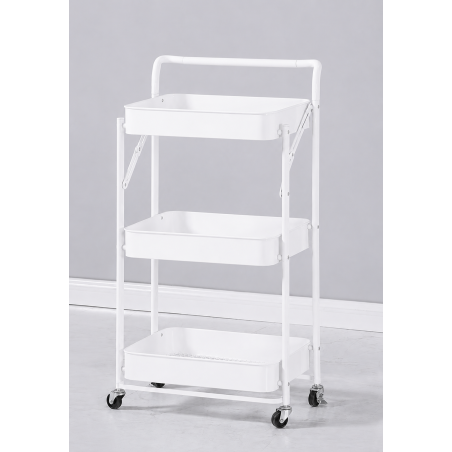 Desserte à roulettes pliante blanche| Chariot de cuisine roulant et pliable 3 niveaux de rangement | H 90 cm x L 40 cm x P 30 cm