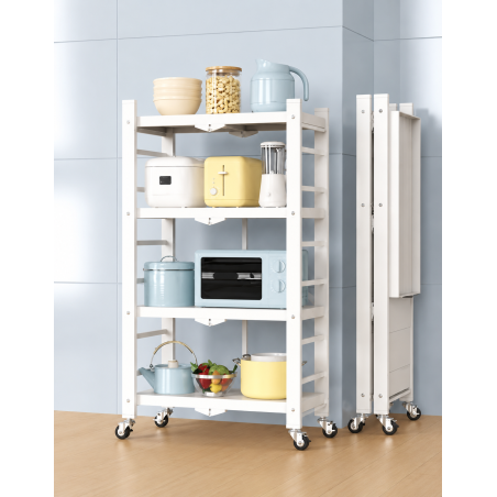 Etagère Métallique Pliable Haute Solidité 4 niveaux Blanche 71 x 34 x H 125 cm - 4 Roulettes Renforcées