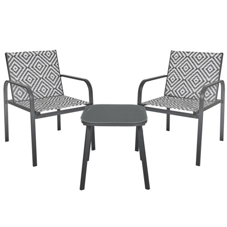 Salon de Jardin Mexico Gris  Ensemble 3 Pièces avec Table en Verre Trempé