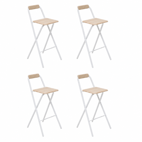 Lot de 4 Chaises de Bar Pliables en Métal Blanc et Assise effet chêne