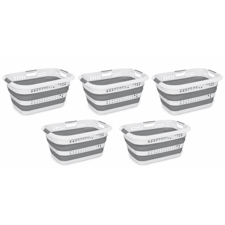 Lot de 5 paniers à linge pliables rétractables 45 L - Blanc et gris - 61,6 x 44,5 x 28,4 cm