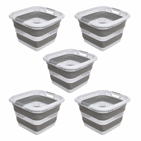 Lot de 5 corbeilles à linge pliables rétractables 40 L - Blanc et gris - 48,7 x 48 x 33,3 cm