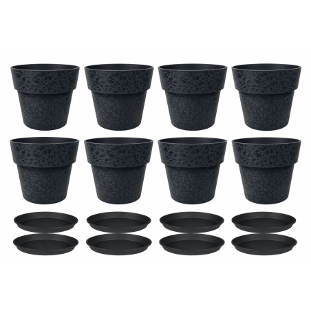 Lot de 8 pots de fleurs 18cm Fabriqués en France + Soucoupes assorties - Noir