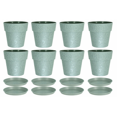Lot de 8 pots de fleurs 18cm Fabriqués en France + Soucoupes assorties - Vert argile