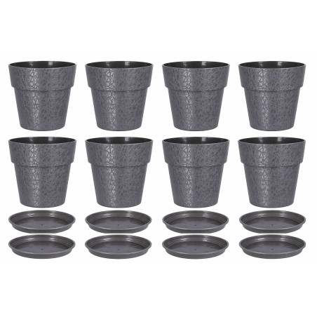 Lot de 8 pots de fleurs 18cm Fabriqués en France + Soucoupes assorties - Gris