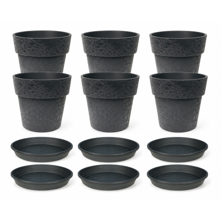 Lot de 6 pots de fleurs 22cm Fabriqués en France + Soucoupes assorties - Noir