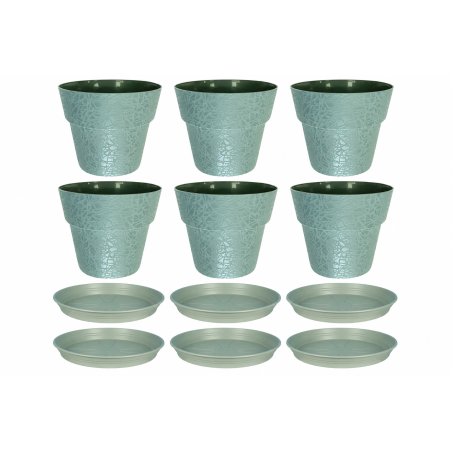 Lot de 6 pots de fleurs 22cm Fabriqués en France + Soucoupes assorties - Vert argile