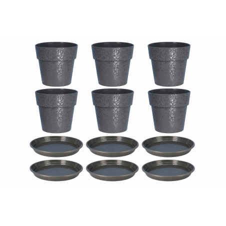 Lot de 6 pots de fleurs 22cm Fabriqués en France + Soucoupes assorties - Gris