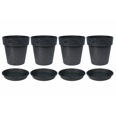 Lot de 4 pots de fleurs 28cm Fabriqués en France + Soucoupes assorties - Noir