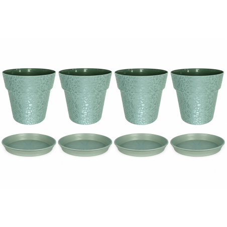 Lot de 4 pots de fleurs 28cm Fabriqués en France + Soucoupes assorties - Vert argile