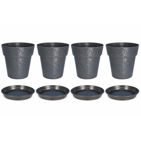 Lot de 4 pots de fleurs 28cm Fabriqués en France + Soucoupes assorties - Gris