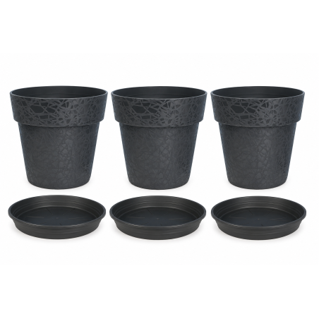 Lot de 3 pots de fleurs 38cm Fabriqués en France + Soucoupes assorties - Noir