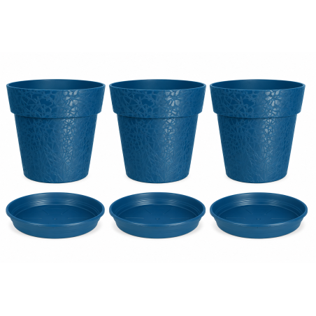 Lot de 3 pots de fleurs 38cm Fabriqués en France + Soucoupes assorties - Bleu