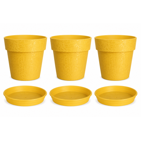 Lot de 3 pots de fleurs 38cm Fabriqués en France + Soucoupes assorties - Jaune