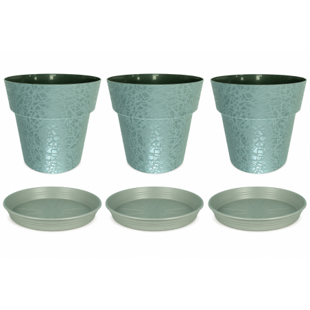 Lot de 3 pots de fleurs 38cm Fabriqués en France + Soucoupes assorties - Vert argile