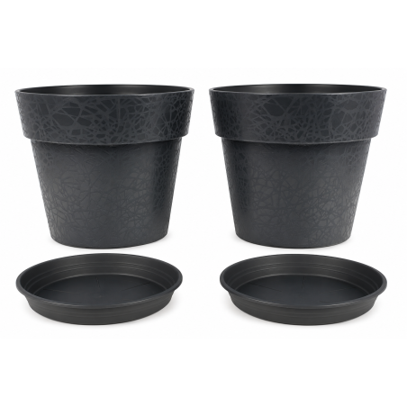 Lot de 2 pots de fleurs 48cm Fabriqués en France + Soucoupes assorties - Noir