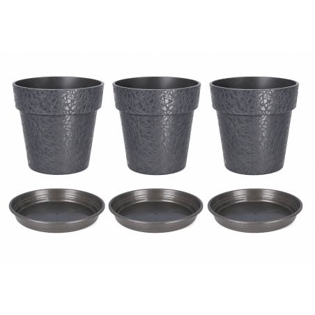 Lot de 3 pots de fleurs 38cm Fabriqués en France + Soucoupes assorties - Gris