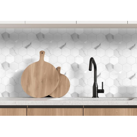 Lot de 12 Crédences Adhésives Rigides Hexagone Marbre Blanc 33 x 27,5 cm - 1,09 m²