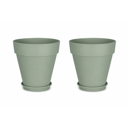 Lot de 2 pots de fleurs 49cm Fabriqués en France + Soucoupes assorties - Vert argile