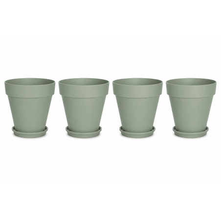 Lot de 4 pots de fleurs 29,5cm Fabriqués en France + Soucoupes assorties - Vert argile