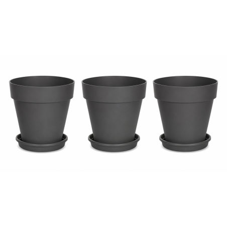 Lot de 3 pots de fleurs 39cm Fabriqués en France + Soucoupes assorties - Gris