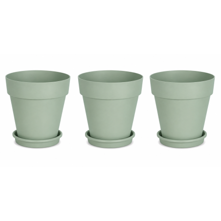 Lot de 3 pots de fleurs 39cm Fabriqués en France + Soucoupes assorties - Vert argile