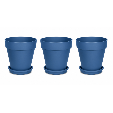 Lot de 3 pots de fleurs 39cm Fabriqués en France + Soucoupes assorties - Bleu