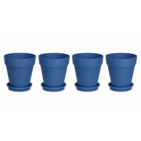 Lot de 4 pots de fleurs 24,5cm Fabriqués en France + Soucoupes assorties - Bleu