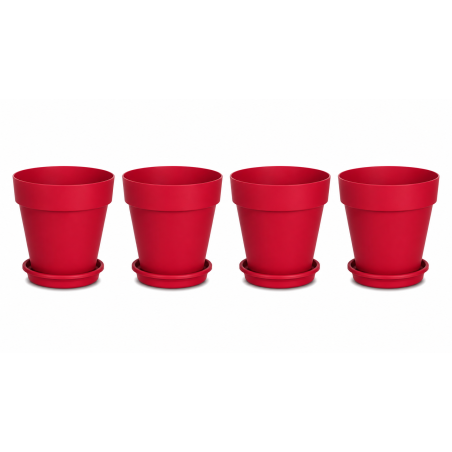 Lot de 4 pots de fleurs 24,5cm Fabriqués en France + Soucoupes assorties - Rouge