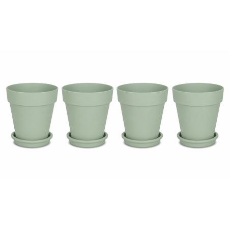 Lot de 4 pots de fleurs 24,5cm Fabriqués en France + Soucoupes assorties - Vert argile