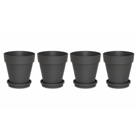 Lot de 4 pots de fleurs 24,5cm Fabriqués en France + Soucoupes assorties - Gris