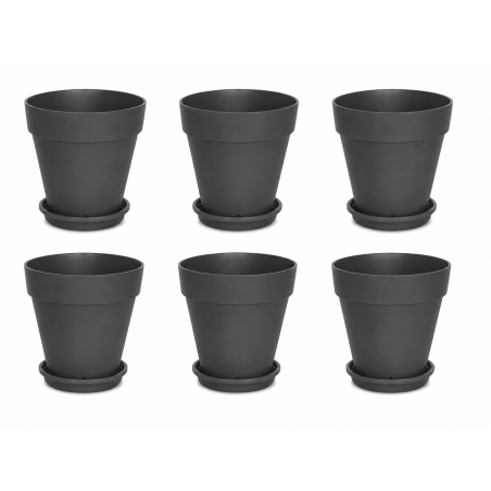 Lot de 6 pots de fleurs 19,5cm Fabriqués en France + Soucoupes assorties - Gris