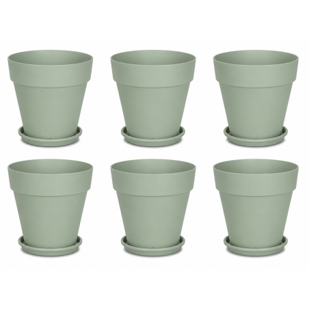 Lot de 6 pots de fleurs 19,5cm Fabriqués en France + Soucoupes assorties - Vert argile