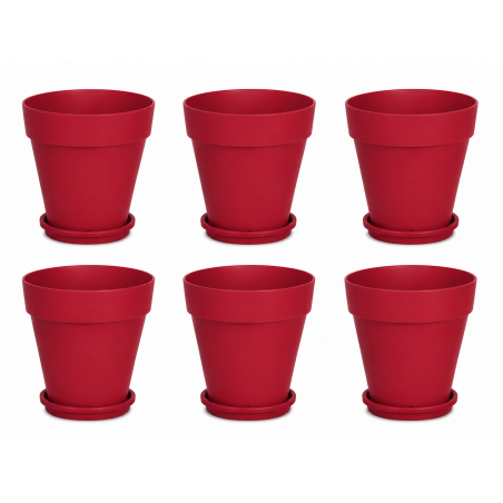 Lot de 6 pots de fleurs 19,5cm Fabriqués en France + Soucoupes assorties - Rouge