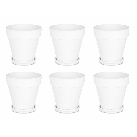 Lot de 6 pots de fleurs 19,5cm Fabriqués en France + Soucoupes assorties - Blanc