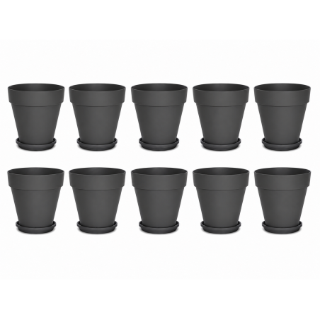 Lot de 10 pots de fleurs 14,7cm Fabriqués en France + Soucoupes assorties - Gris