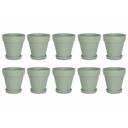 Lot de 10 pots de fleurs 14,7cm Fabriqués en France + Soucoupes assorties - Vert argile