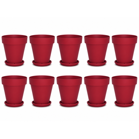 Lot de 10 pots de fleurs 14,7cm Fabriqués en France + Soucoupes assorties - Rouge