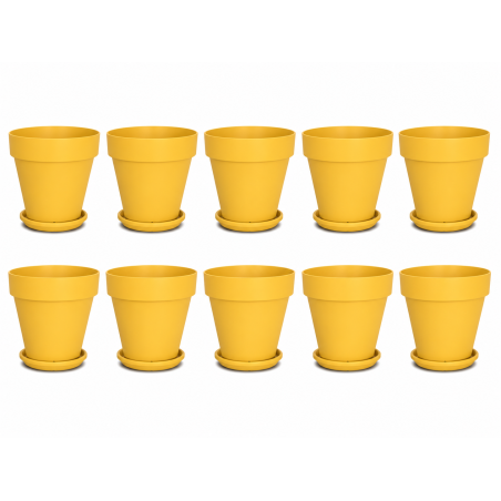 Lot de 10 pots de fleurs 14,7cm Fabriqués en France + Soucoupes assorties - Jaune