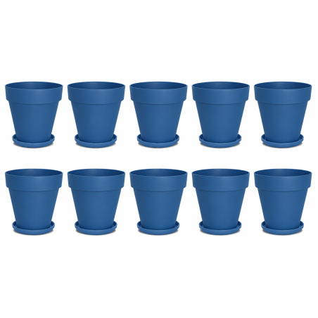 Lot de 10 pots de fleurs 14,7cm Fabriqués en France + Soucoupes assorties - Bleu