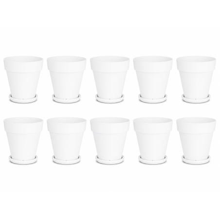 Lot de 10 pots de fleurs 14,7cm Fabriqués en France + Soucoupes assorties - Blanc