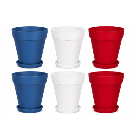 Lot de 6 pots de fleurs 3L Fabriqués en France + Soucoupes assorties - Bleu Blanc Rouge