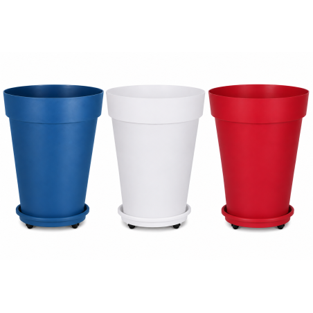 Lot de 3 pots hauts 71L Fabriqués en France + Soucoupes à roulettes - Bleu Blanc Rouge