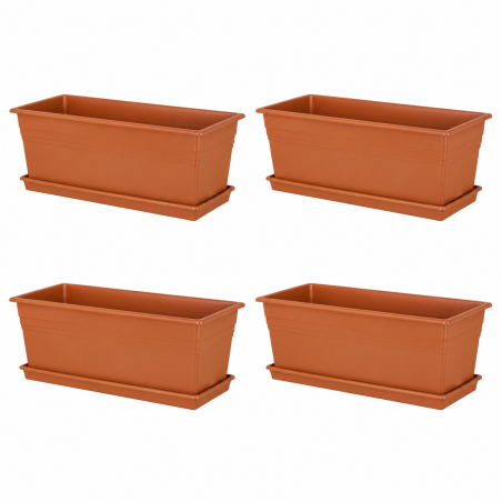 Lot de 4 jardinières Ronda 9,6L - 49,8 x 18,5 cm Fabriquées en France + Plateaux assortis - Terre cuite