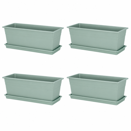 Lot de 4 jardinières Ronda 9,6L - 49,8 x 18,5 cm Fabriquées en France + Plateaux assortis - Vert argile