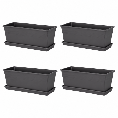Lot de 4 jardinières Ronda 9,6L - 49,8 x 18,5 cm Fabriquées en France + Plateaux assortis - Gris