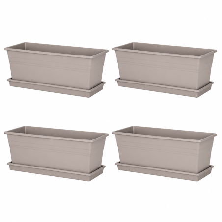 Lot de 4 jardinières Ronda 9,6L - 49,8 x 18,5 cm Fabriquées en France + Plateaux assortis - Taupe