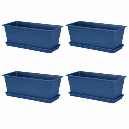 Lot de 4 jardinières Ronda 12L - 59,8 x 18,5 cm Fabriquées en France + Plateaux assortis - Bleu
